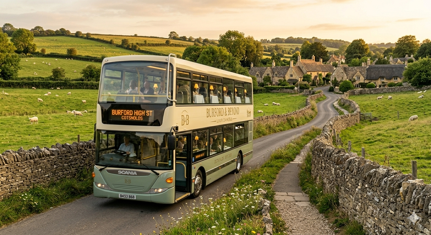 The Burford & Beyond bus on a country lane at golden hour, framed by dry-stone walls and grazing sheep