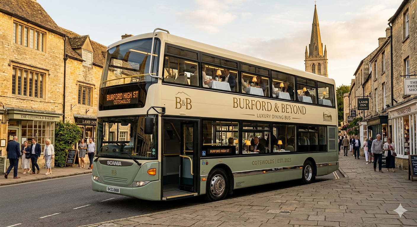The Burford & Beyond luxury dining bus parked on Burford High Street with the church spire behind