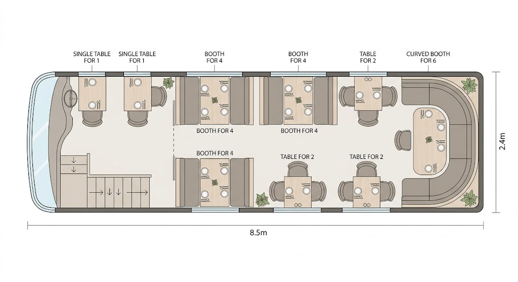 Seating layout of the dining bus showing single tables, booths for four, tables for two and a curved booth for six