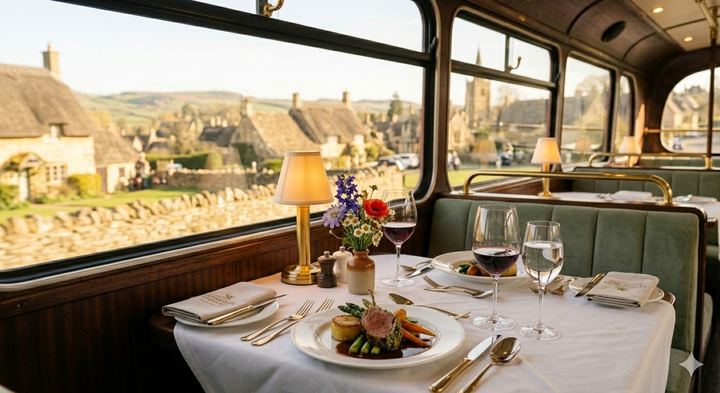 A plated course and red wine on a linen table with a Cotswold village beyond the window