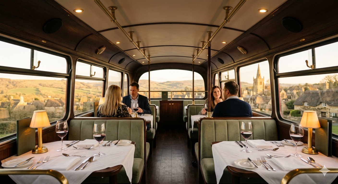 Couples dining at sage-velvet booths with white linen and brass table lamps inside the bus